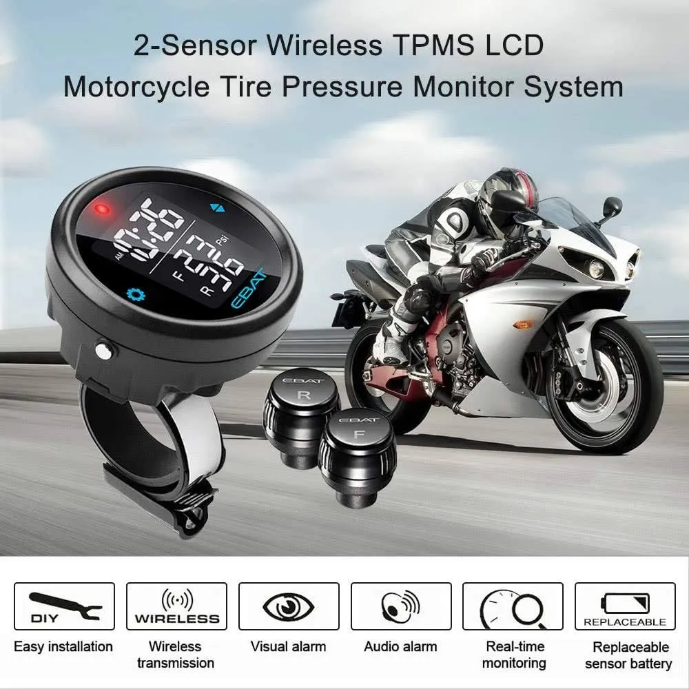 Motorcycle Tire Pressure Monitor System - Universal Motorcycle TPMS Oversized LCD Screen with Display Time in Real Time
