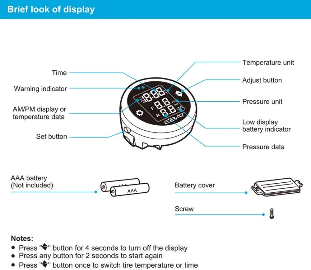 Motorcycle Tire Pressure Monitor System - Universal Motorcycle TPMS Oversized LCD Screen with Display Time in Real Time