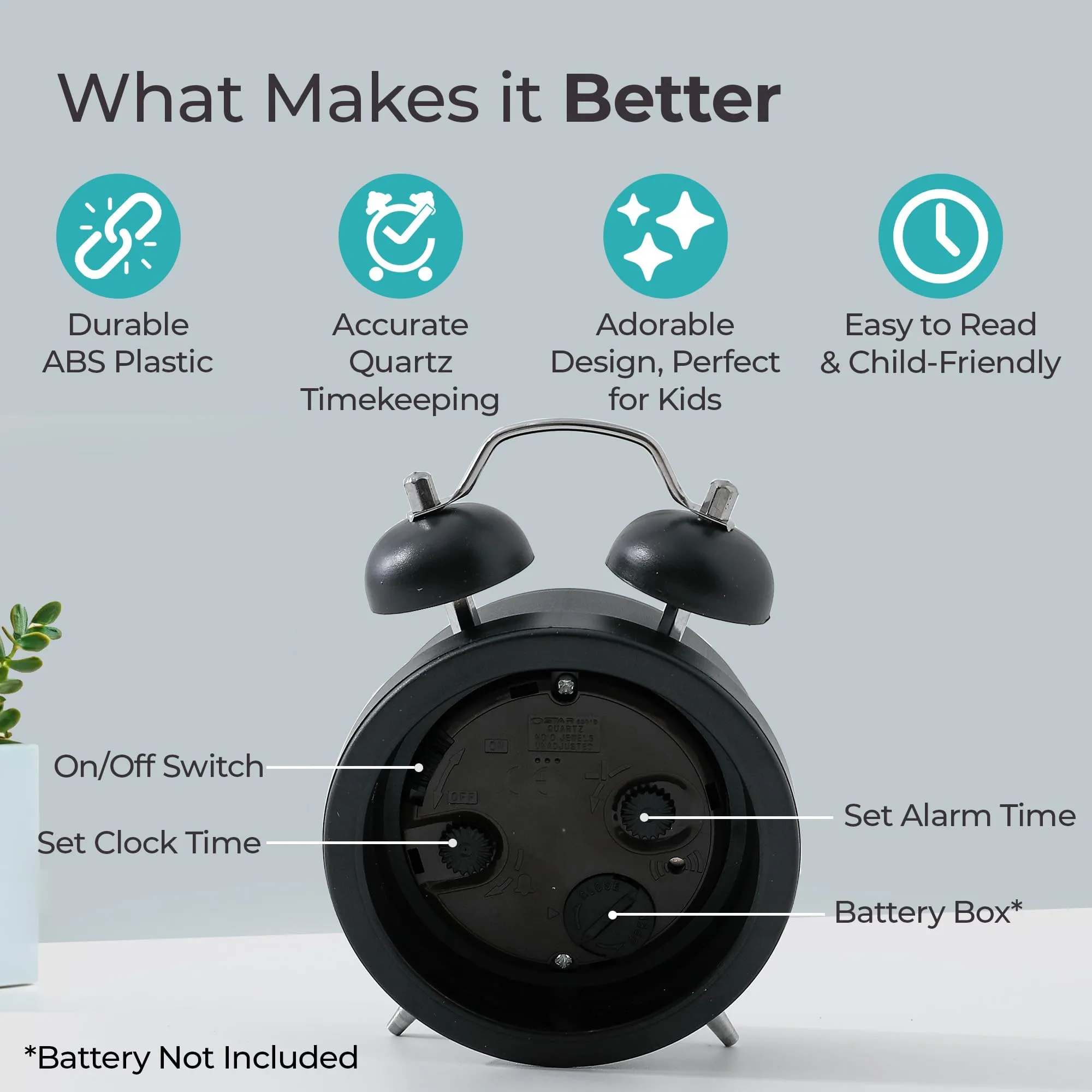The Better Home Alarm Clock (10cm) |Alarm Clock for Students |Alarm Clock for Bedroom |Loud Alarm Clock for Heavy Sleepers |Mini Alarm Clock for Kids |Twin Bell Table Clock for Study Table-Black