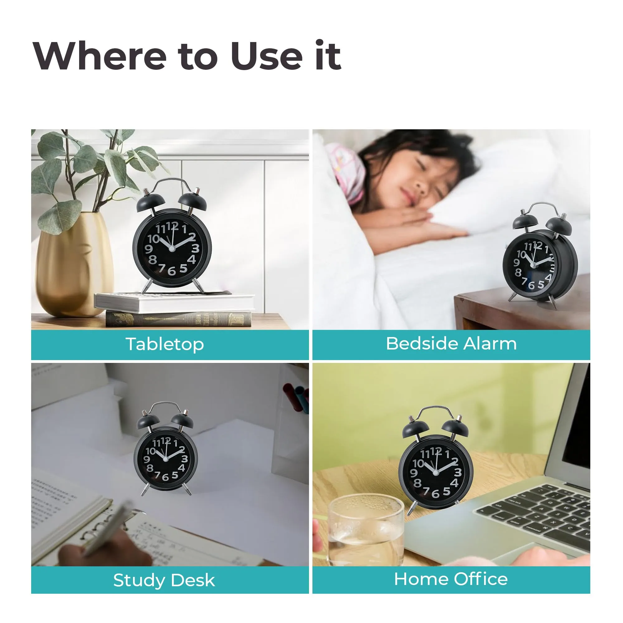 The Better Home Alarm Clock (10cm) |Alarm Clock for Students |Alarm Clock for Bedroom |Loud Alarm Clock for Heavy Sleepers |Mini Alarm Clock for Kids |Twin Bell Table Clock for Study Table-Black