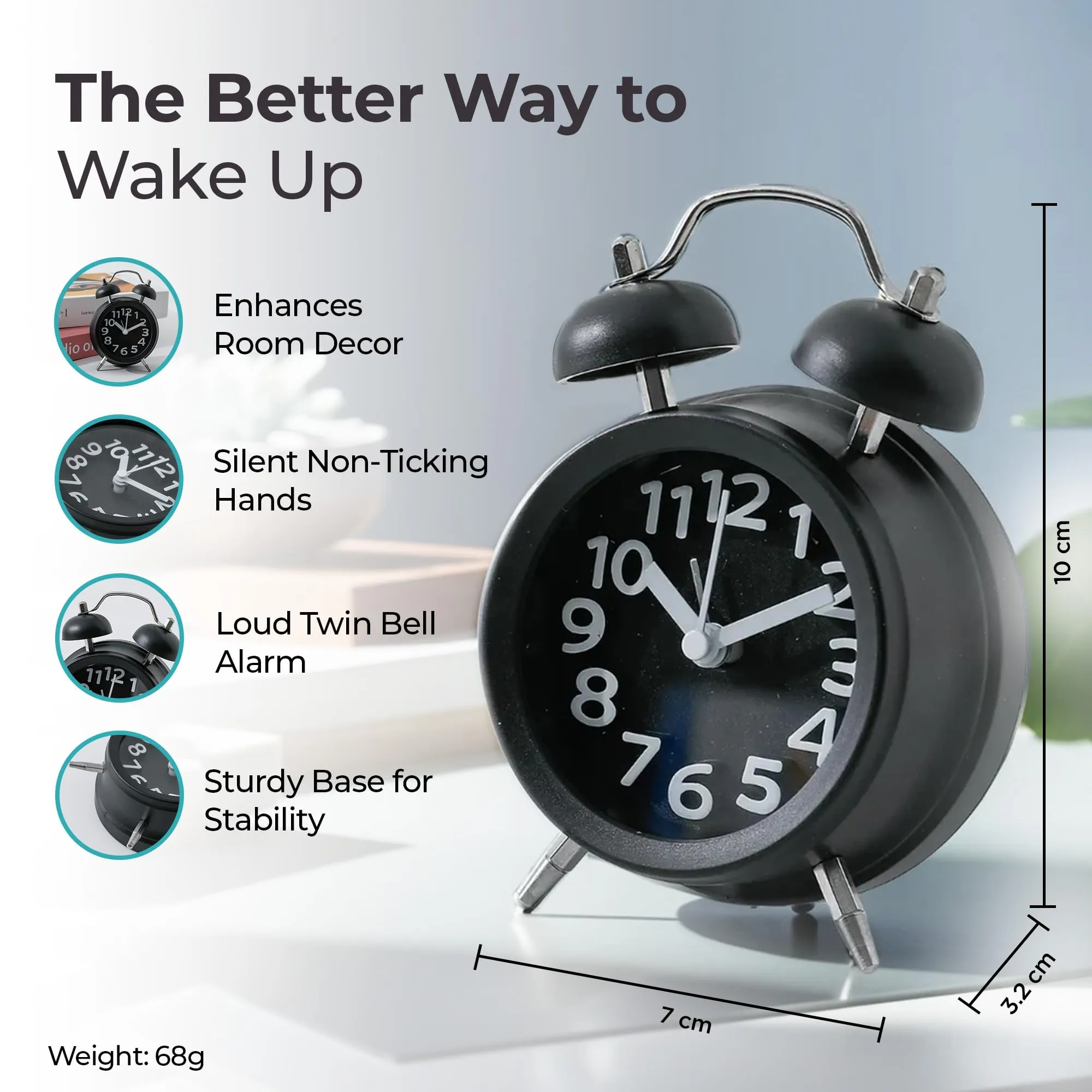 The Better Home Alarm Clock (10cm) |Alarm Clock for Students |Alarm Clock for Bedroom |Loud Alarm Clock for Heavy Sleepers |Mini Alarm Clock for Kids |Twin Bell Table Clock for Study Table-Black