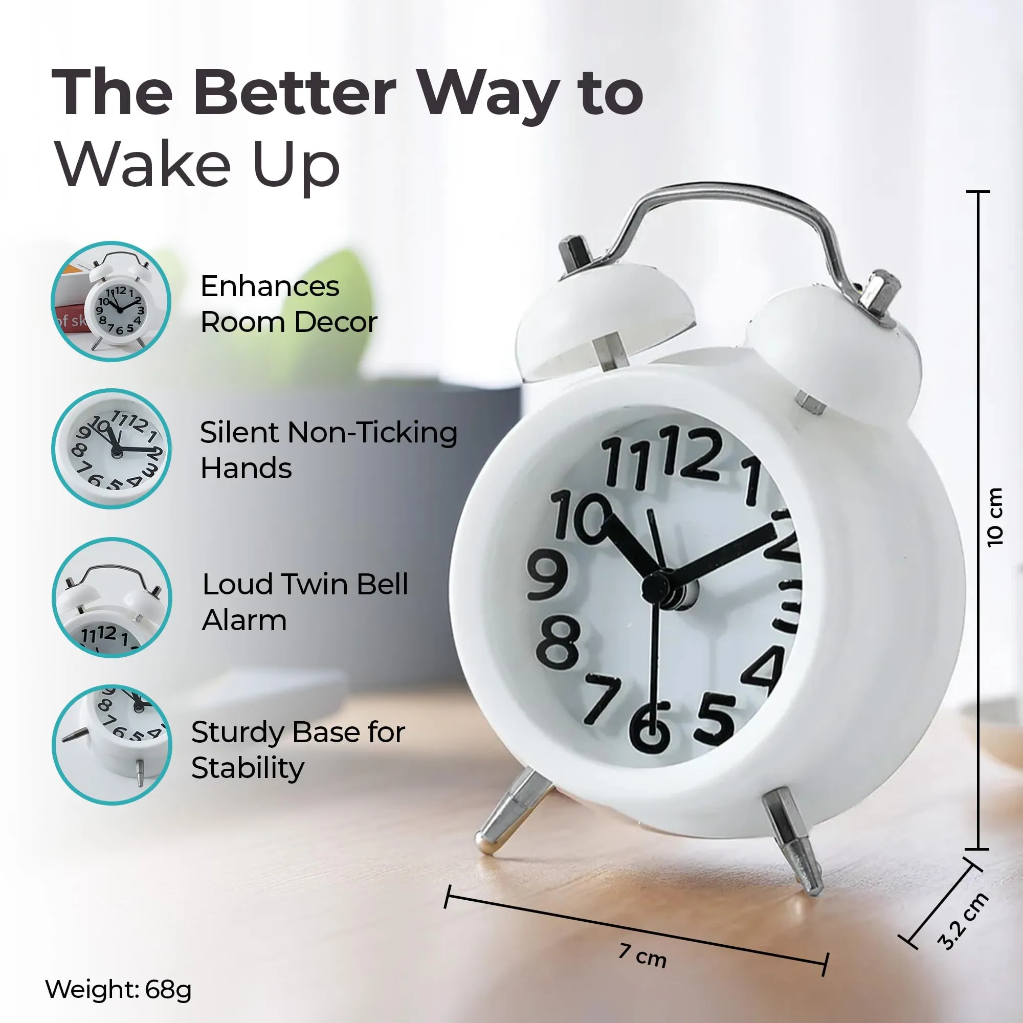 The Better Home Alarm Clock (10cm) |Alarm Clock for Students |Loud Alarm Clock for Heavy Sleepers |Mini Alarm Clock for Kids |Alarm Clock for Bedroom | Twin Bell Table Clock for Study Table-White