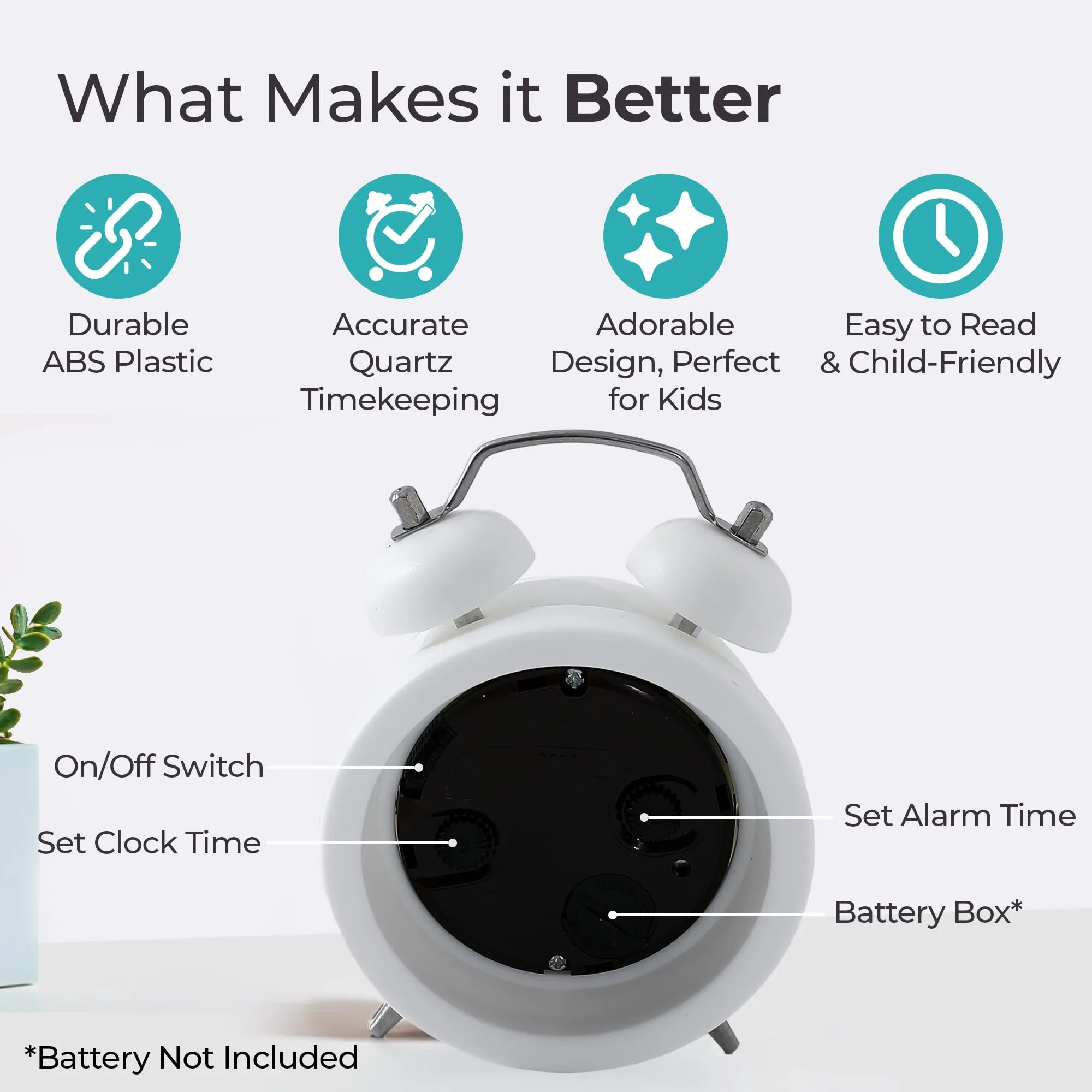 The Better Home Alarm Clock (10cm) |Alarm Clock for Students |Loud Alarm Clock for Heavy Sleepers |Mini Alarm Clock for Kids |Alarm Clock for Bedroom | Twin Bell Table Clock for Study Table-White