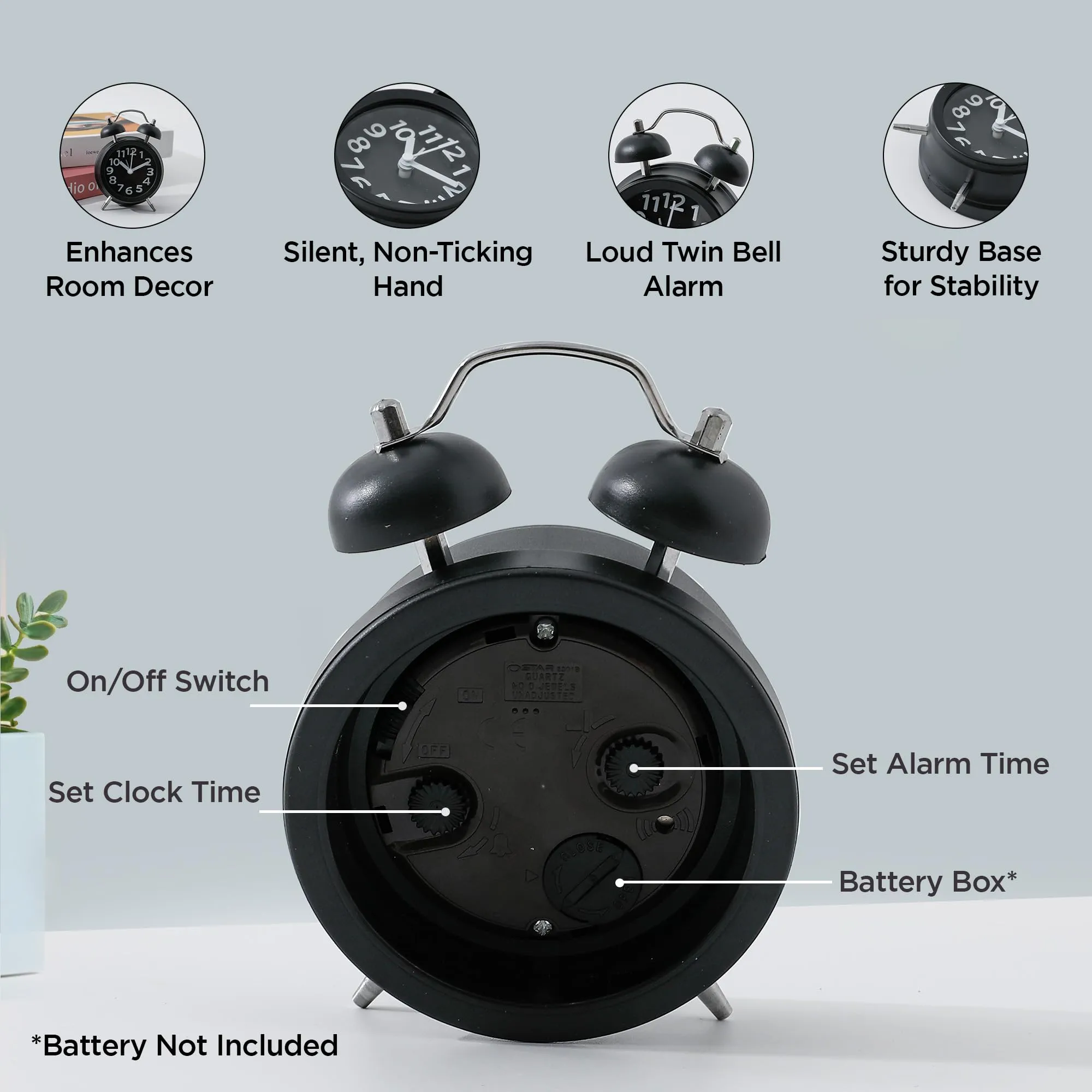 UMAI Alarm Clock (10cm) |Alarm Clock for Students |Loud Alarm Clock for Heavy Sleepers |Mini Alarm Clock for Kids |Alarm Clock for Bedroom |Wake Up Timer | Twin Bell Table Clock for Study Table-Black