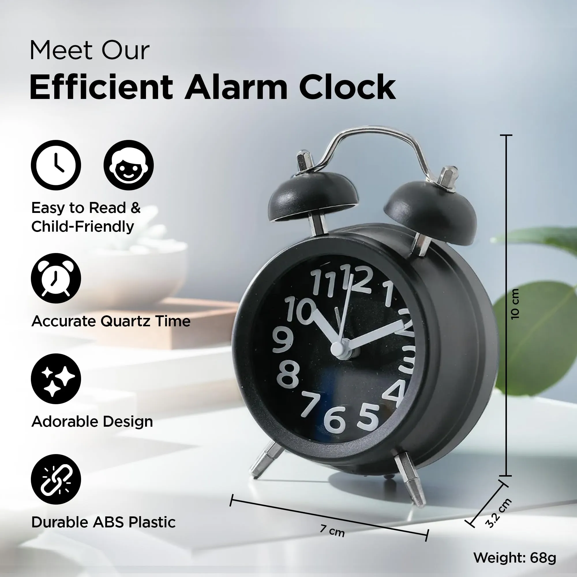 UMAI Alarm Clock (10cm) |Alarm Clock for Students |Loud Alarm Clock for Heavy Sleepers |Mini Alarm Clock for Kids |Alarm Clock for Bedroom |Wake Up Timer | Twin Bell Table Clock for Study Table-Black