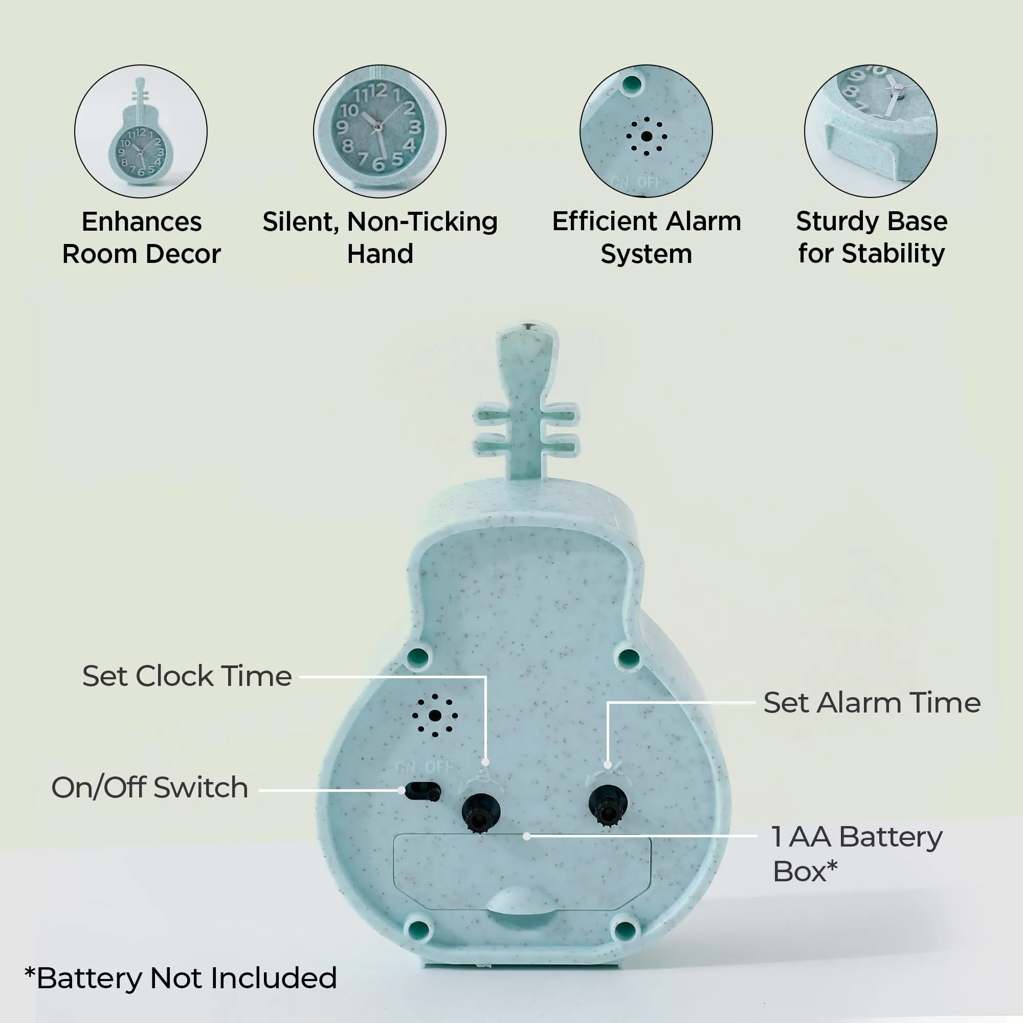 UMAI Alarm Clock (15cm) |Alarm Clock For Students |Loud Alarm Clock For Heavy Sleepers |Mini Alarm Clock For Kids |Alarm Clock For Bedroom |Table Watch|Violin Shaped Table Clock For Study Table - Blue