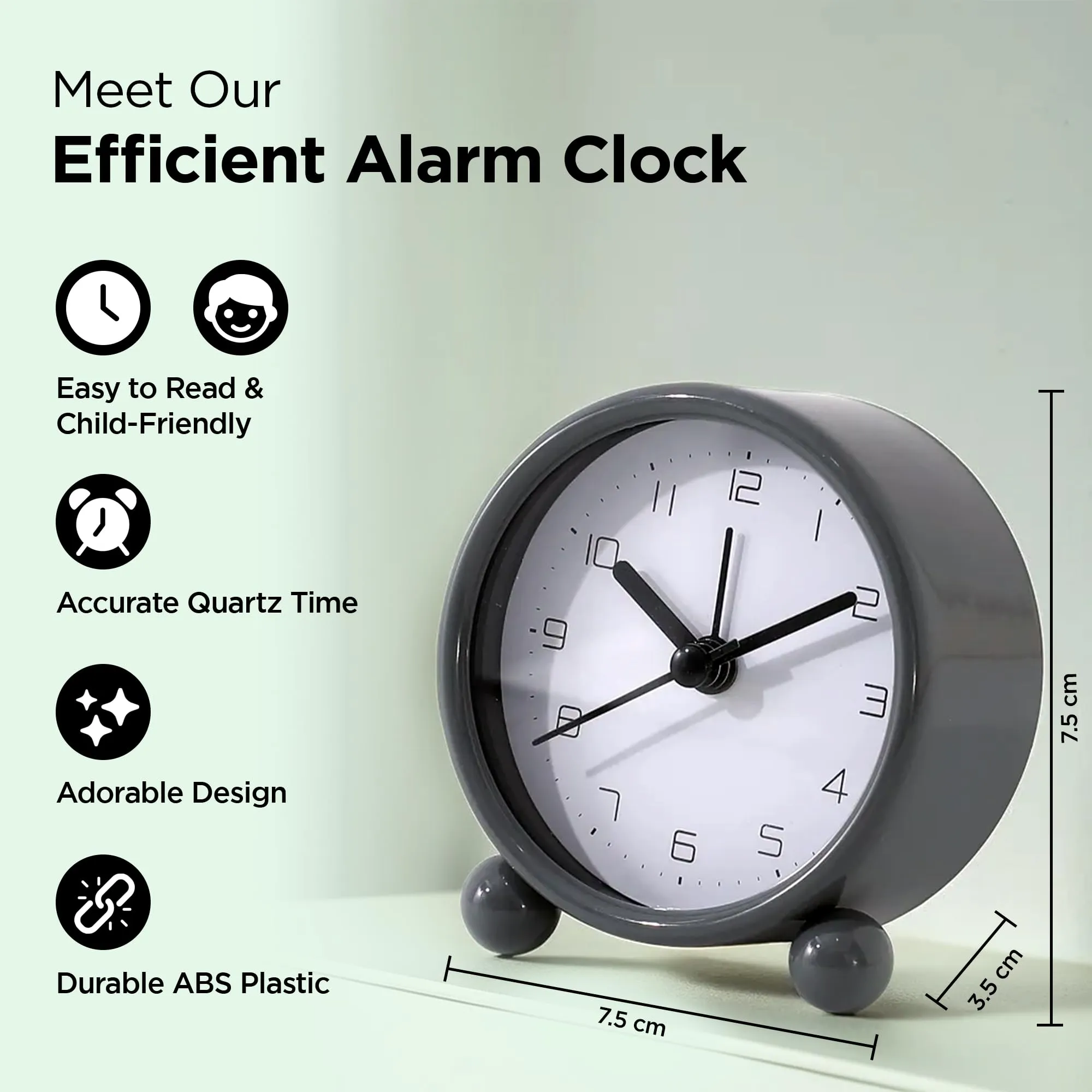 UMAI Alarm Clock (7.5cm) |Alarm Clock For Students |Loud Alarm Clock For Heavy Sleepers |Mini Alarm Clock For Kids |Alarm Clock For Bedroom |Table Watch|Round Shaped Table Clock For Study Table - Grey