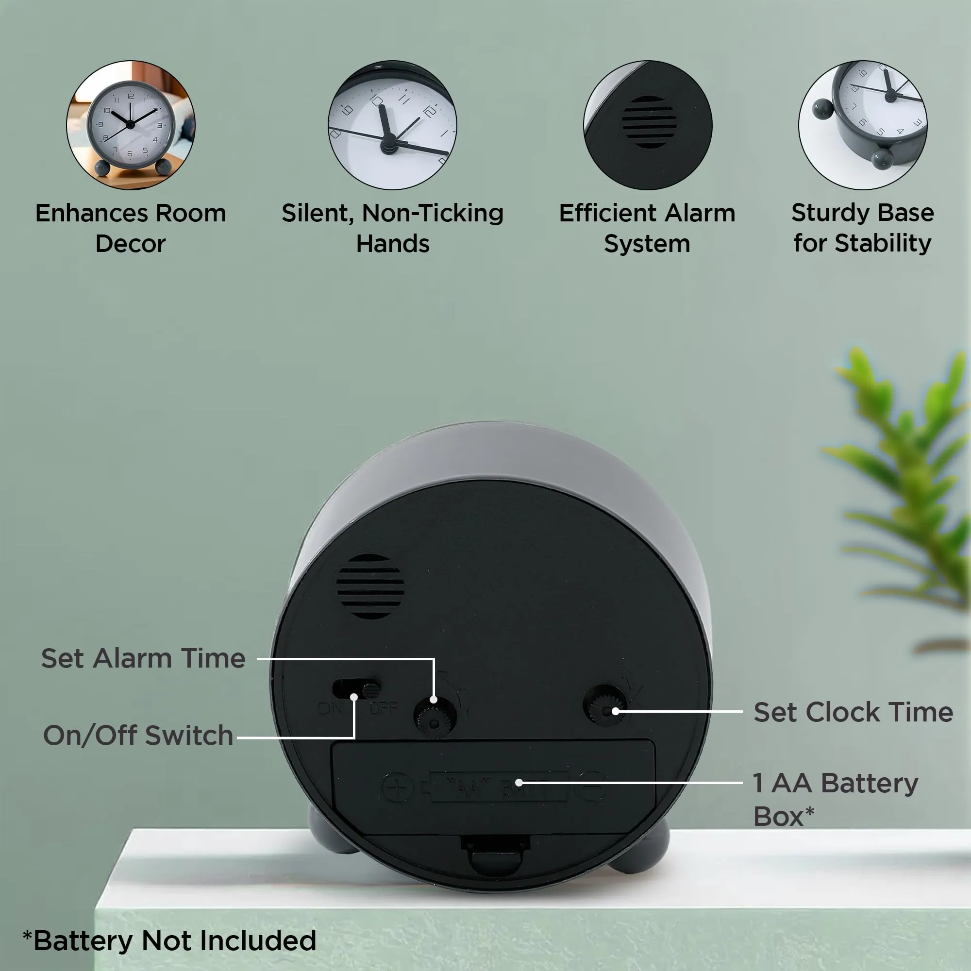UMAI Alarm Clock (7.5cm) |Alarm Clock For Students |Loud Alarm Clock For Heavy Sleepers |Mini Alarm Clock For Kids |Alarm Clock For Bedroom |Table Watch|Round Shaped Table Clock For Study Table - Grey