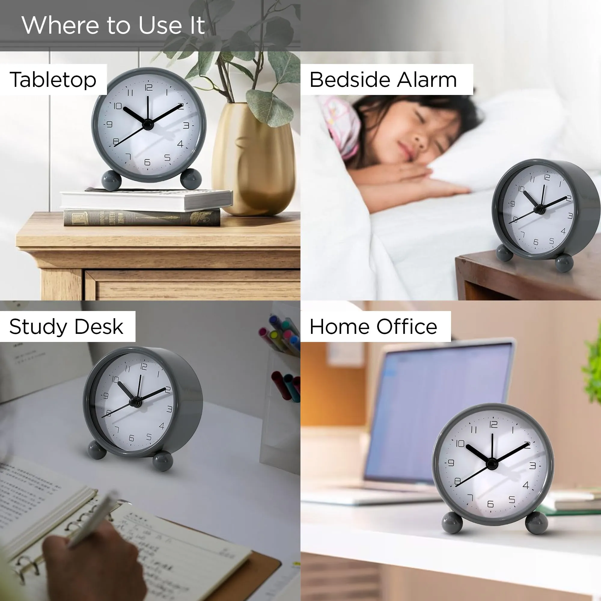 UMAI Alarm Clock (7.5cm) |Alarm Clock For Students |Loud Alarm Clock For Heavy Sleepers |Mini Alarm Clock For Kids |Alarm Clock For Bedroom |Table Watch|Round Shaped Table Clock For Study Table - Grey